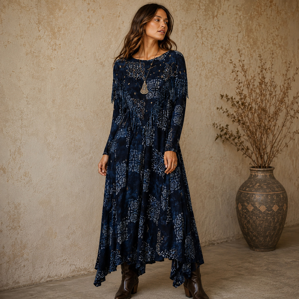 Vintage Bohemian Witchy Ana Mori Fringe Beaded Maxi Dress Whimsigoth ONE SIZE
